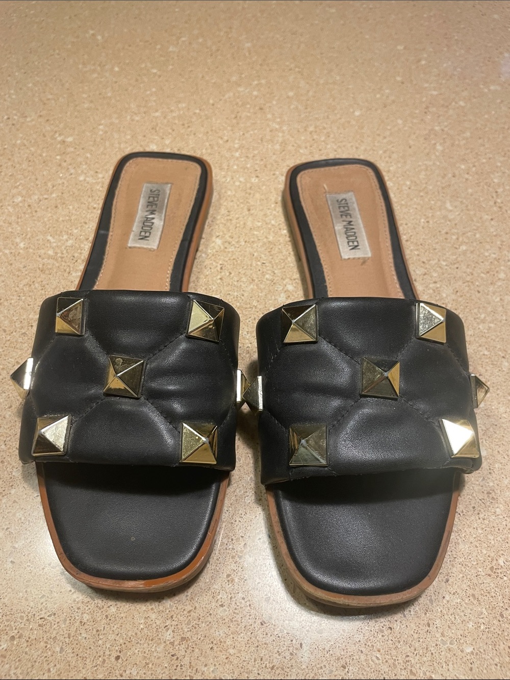 Steve Madden Black Quilted Slide Mules with Gold Stud Accents